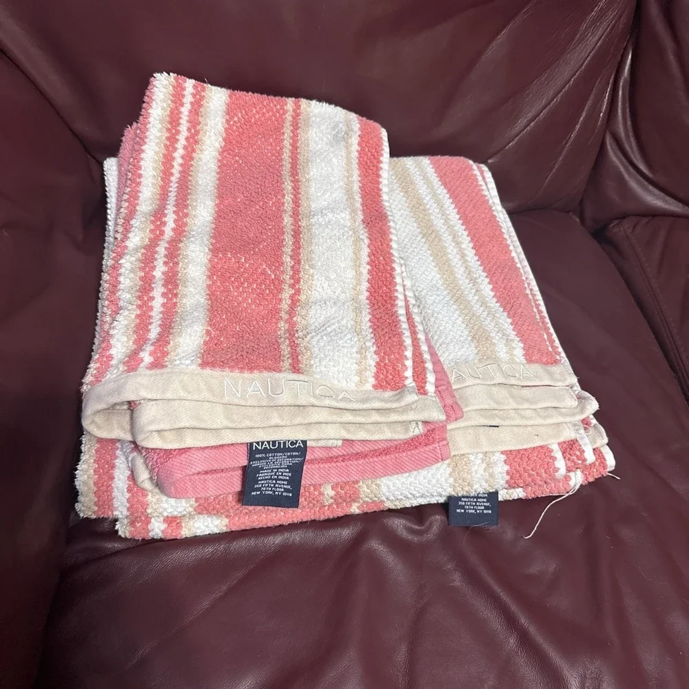 NAUTICA LAKEVIEW CORAL & TAN WHITE STRIPE 4 Piece HAND Cloth &‎ Bath Beach Towel